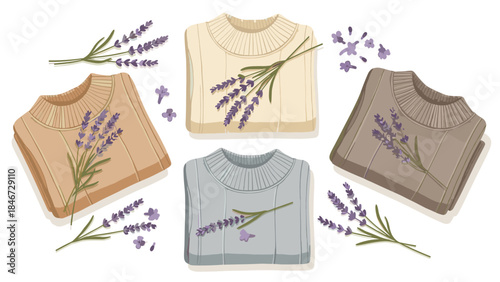 Folded knit sweaters in neutral tones are paired with sprigs of lavender for a calming and cozy aesthetic.
