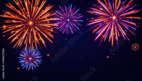 Colorful fireworks bursting in the night sky with vibrant orange blue and pink sparks illuminating the dark backdrop