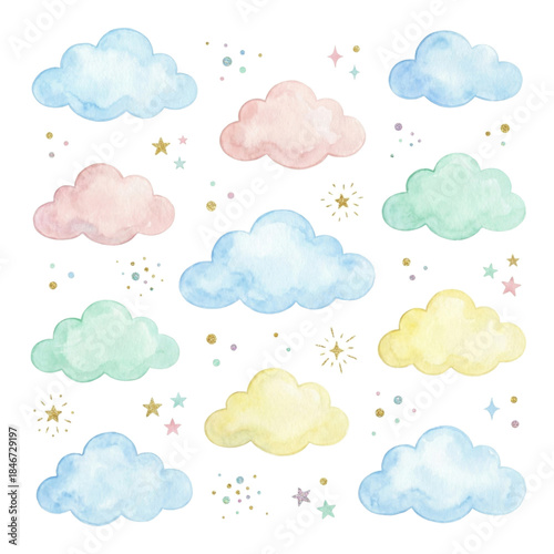 Colorful and Playful Watercolor Clouds and Stars on Transparent Background for Creative Designs