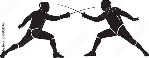 An elegant Fencing Duel Silhouettes collection showcasing two fencers in classic duel stances and dynamic action poses, including lunges, parries, attacks, and defensive movements.