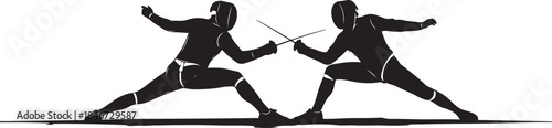 An elegant Fencing Duel Silhouettes collection showcasing two fencers in classic duel stances and dynamic action poses, including lunges, parries, attacks, and defensive movements.