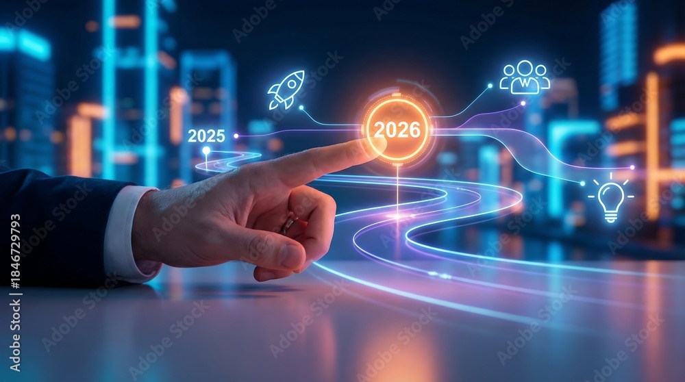 Obraz premium Businessman interacting with futuristic timeline interface for 2026