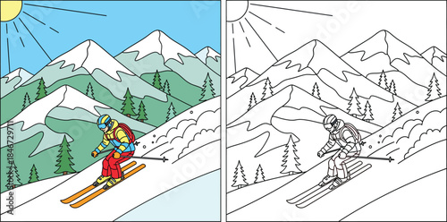 Vector illustration of a skier on a snowy mountain slope, presented as a coloring book page with a colored sample and black and white outline for kids activity and education.