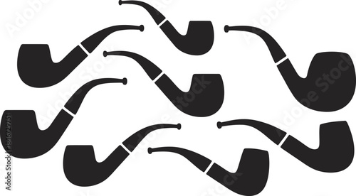 Traditional black smoking pipes arranged in a decorative pattern against a pure white backdrop