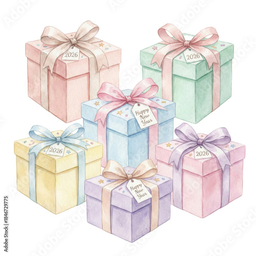 Colorful Watercolor Gift Boxes for New Year Celebration with 2026 Labels and Ribbon Ties in Soft Hues