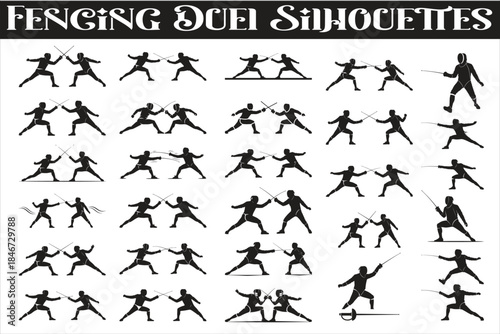 An elegant Fencing Duel Silhouettes collection showcasing two fencers in classic duel stances and dynamic action poses, including lunges, parries, attacks, and defensive movements.