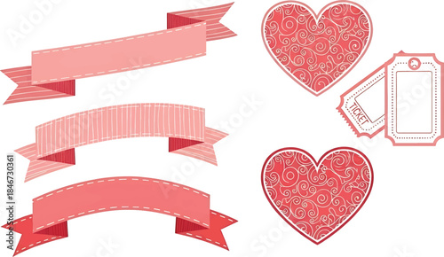 Collection of Valentine's Day themed graphic elements including banners and heart shapes with intricate patterns