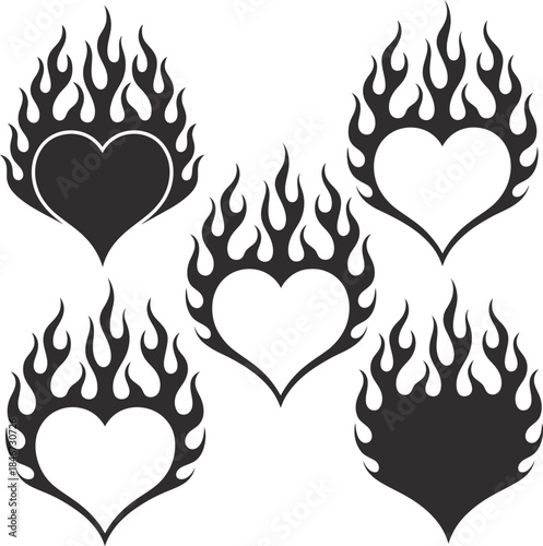 Collection of dynamic flaming heart designs featuring various styles and outlines for passionate graphics