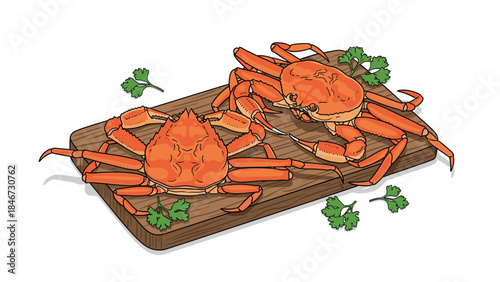 Two cooked crabs are displayed on a wooden cutting board garnished with fresh parsley, ready to be served as a delicious seafood meal.