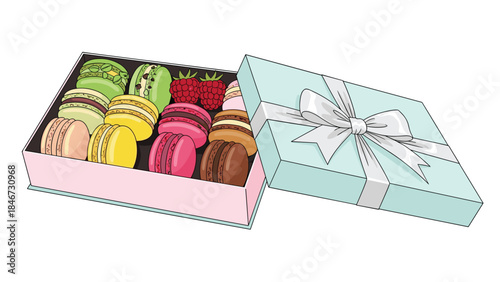 Colorful assortment of macarons presented in a beautifully decorated gift box, perfect for a sweet treat or special occasion.