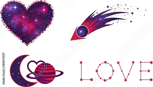 Whimsical cosmic collection of romantic graphic elements, including a starry heart, a vibrant comet, a celestial moon-planet scene, and luminous 'LOVE' typography, perfect for enchanting designs