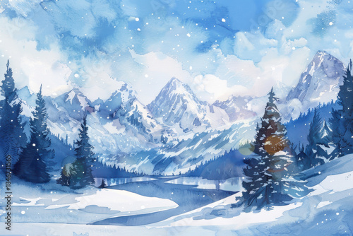 Serene snowy mountain landscape with pine trees and winter sky