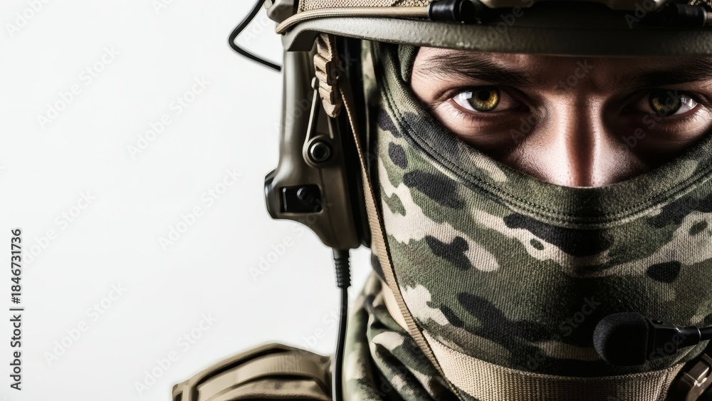 Fototapeta premium Soldiers Gaze Intense Eyes Behind Camo Mask with Modern Warfare.