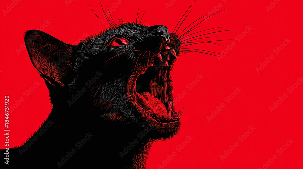 Naklejka premium A Fierce black cat with open mouth on red background 
