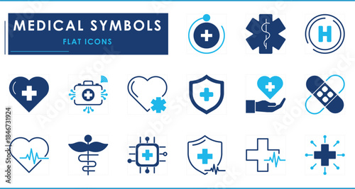 A set of flat icons related to Medical Symbols. Medical, pharmacy, heart, clinic, digital, plus, cross, symbolic, and so on.