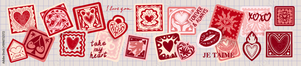 Obraz premium Love sticker set, Valentine Day postal stamp, hand drawn romantic holiday postmark print, heart sign. February celebration mail letter cartoon patch, scrapbook collage graphic. Square love stickers