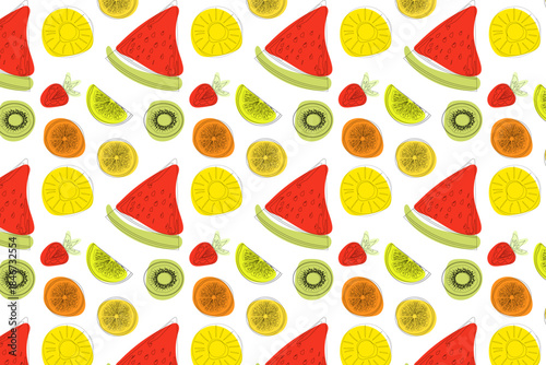 A vibrant, seamless pattern of juicy watermelon, kiwi, orange, strawberry, lemon, and pineapple slices on a white background, perfect for summer-themed designs.