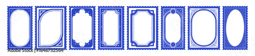 Postage stamp frames, elegant vintage postal border, blue geometric mail shape, retro postcard decor. Old postmark emblems, hand drawn decoration graphic, empty blank oval. Trendy postage frame design