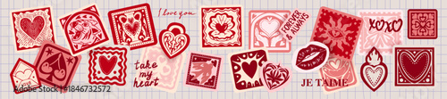 Love sticker set, Valentine Day postal stamp, hand drawn romantic holiday postmark print, heart sign. February celebration mail letter cartoon patch, scrapbook collage graphic. Square love stickers