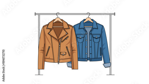Stylish brown leather jacket and classic blue denim jacket hang side-by-side on a clothing rack, offering versatile outerwear options.