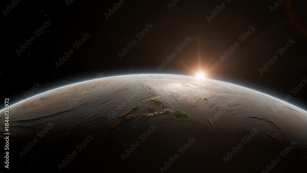 Fototapeta premium a planet in space with sun rising over the horizon in the distance