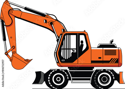 Wheeled excavator construction machinery heavy equipment digging bucket operator urban site engineering black illustration vehicle blade flat vector