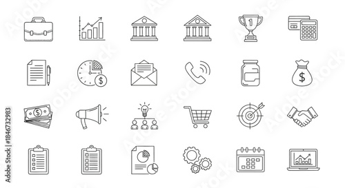 Set of business and finance icons in handdrawn style isolated on, representing various aspects of commerce and management
