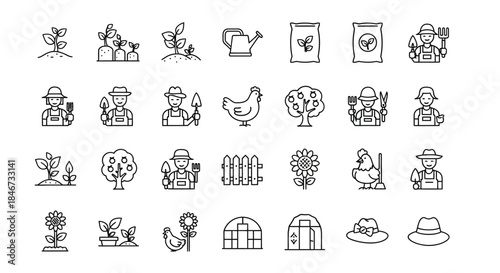 Collection of agriculture and farming icons isolated on set of linear icons related to gardening and organic food production