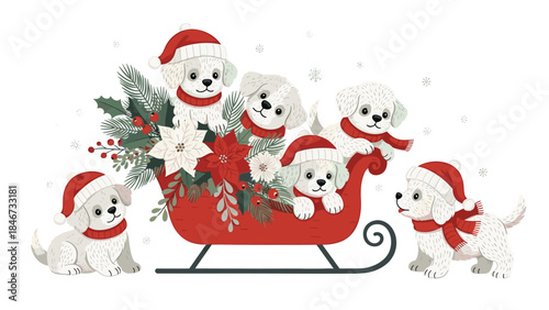 Adorable puppies wearing santa hats joyfully ride in a red sleigh filled with festive winter greenery and poinsettias.