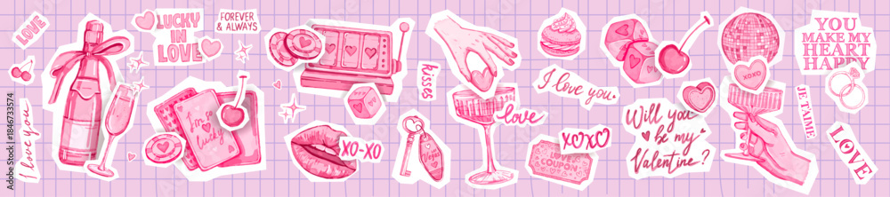 Obraz premium Watercolor love stickers, Valentine Day party decoration print, hand drawn wedding bachelorette icon. Retro holiday romantic date collage design elements, cocktail champagne glass, lips. Love stickers