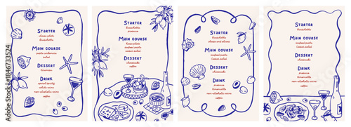 Italian restaurant menu design in Dolce Vita style with doodle scribble drawings. Seafood cafe, bar and sea food, snacks, coastal Mediterranean cuisine, card templates. Drawn vector illustration.