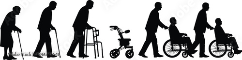 Elderly mobility progression silhouette cane walker scooter wheelchair aging support assistance black illustration healthcare concept flat vector