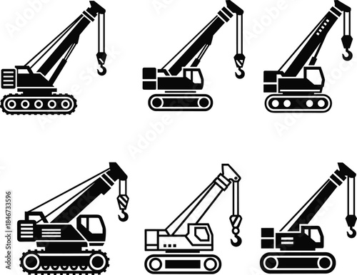Crawler crane silhouette construction equipment heavy machinery industrial lifting engineering site black illustration tracked boom hook flat vector