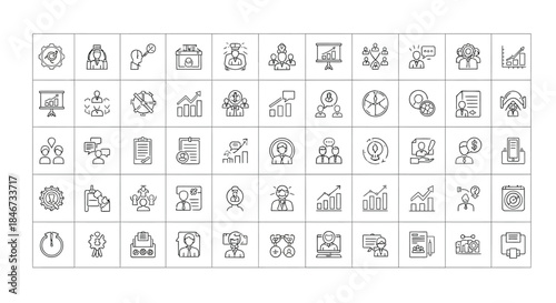 Collection of business management and strategy icons isolated on set of linear icons for company development and marketing concept