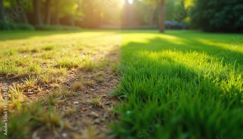 Split image shows dry patchy yard next to lush green grass. Yard transformation demonstrates lawn care results. Healthy vibrant green turf grows.
