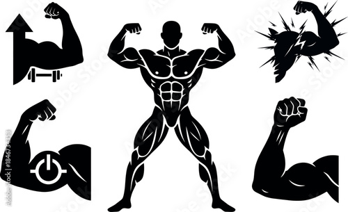 Bodybuilding Fitness Silhouettes Set: Muscle Growth and Strength Icons.