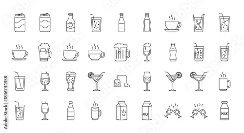 Collection of various beverage icons in outline style isolated on includes coffee, beer, juice, soda, and cocktail illustrations