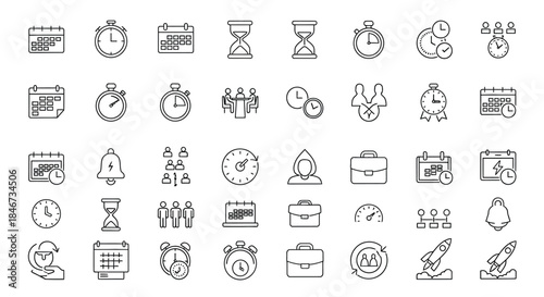 Set of business and time management line icons isolated on contains such icons as calendar, clock, hourglass, meeting, and more