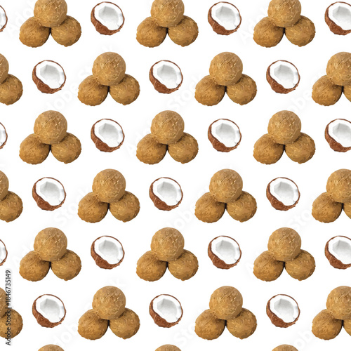 A repeating pattern of brown coconut balls and halved coconuts on a white background, adding tropical flair.