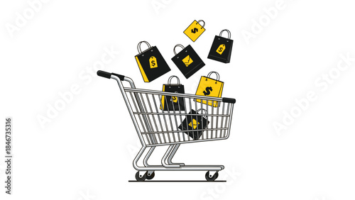 Overflowing shopping cart with bags containing dollar signs symbolizes consumerism, retail therapy, and financial spending habits.