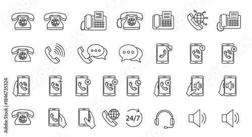 Collection of phone and communication icons isolated on set of line drawing phone and communication related icons