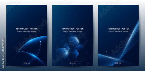 Futuristic digital blue line technology poster set, glowing lines innovation and connection network background for tech event poster or presentation product business