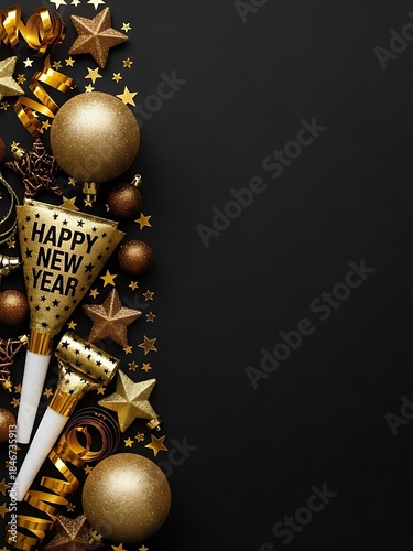 New year s eve celebration with gold decorations and party horns