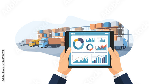 Logistics management system displays data analytics on a tablet with a warehouse and trucks in the background.
