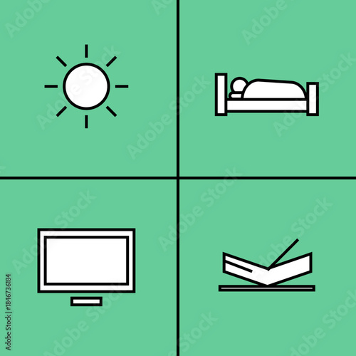Simple icons representing daily activities sun sleep television and reading on a green background