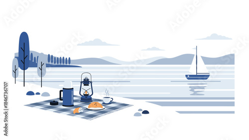 Peaceful lakeside picnic with a thermos, lantern, and steaming cup of tea creates a serene outdoor moment.