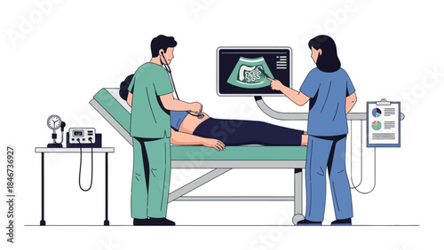 Medical professionals performing an ultrasound examination on a patient in a clinical setting