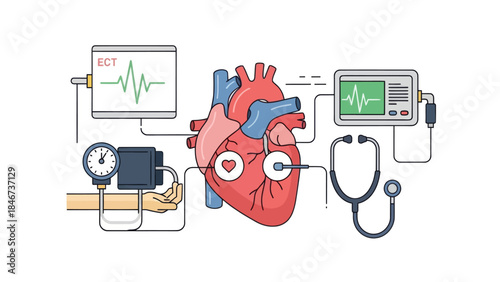 comprehensive illustration of heart health monitoring with medical devices and heart anatomy