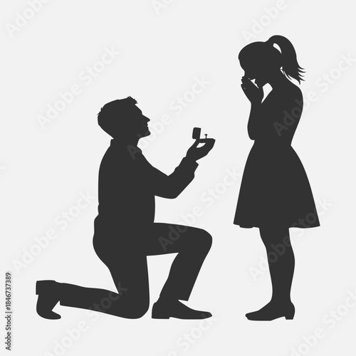 Man proposing to woman with ring in silhouette illustration