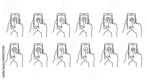 Set of hand touch screen gestures, hand touching smartphone, hand touching mobile phone isolated on vector illustration